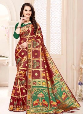 Green and Maroon Designer Contemporary Style Saree For Ceremonial