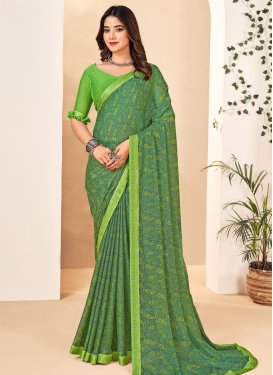 Green and Mint Green Digital Print Work Faux Chiffon Designer Contemporary Style Saree