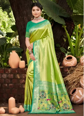 Green and Mint Green Kanjivaram Silk Traditional Saree with Woven Work for Festival