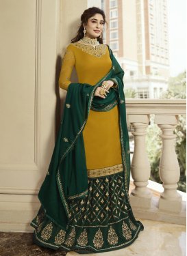 Green and Mustard Embroidered Work Kameez Style Lehenga