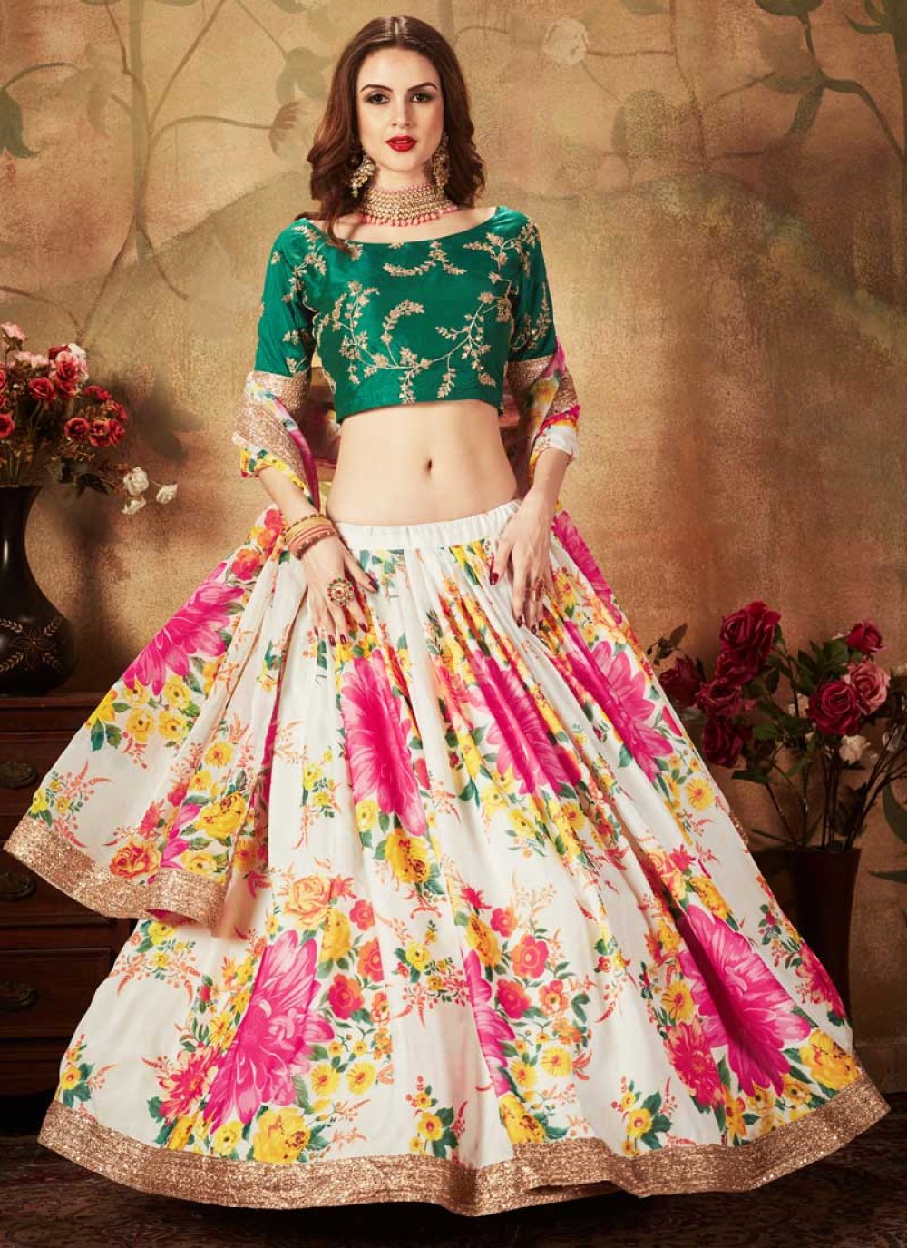 Green and Off White A - Line Lehenga For Party