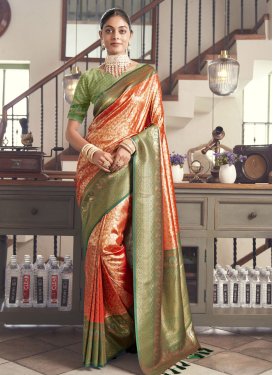 Green and Orange Woven Work Designer Contemporary Saree