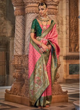 Green and Pink Woven Work Jacquard Silk Designer Contemporary Style Saree