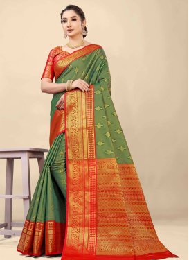 Green and Red Banarasi Silk Designer Contemporary Style Saree