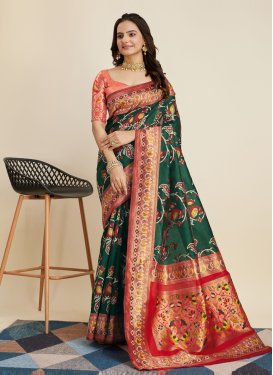 Green and Red Designer Contemporary Style Saree For Festival