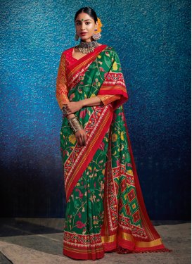 Green and Red Digital Print Work Designer Contemporary Style Saree