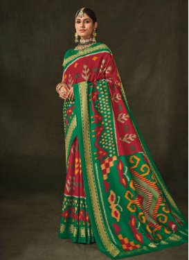 Green and Red Digital Print Work Trendy Classic Saree