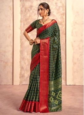 Green and Red Dola Silk Designer Contemporary Style Saree For Casual