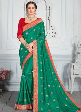 Green and Red Embroidered Work Contemporary Style Saree