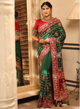 Green and Red Embroidered Work Designer Contemporary Style Saree
