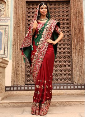 Green and Red Embroidered Work Half N Half Trendy Saree