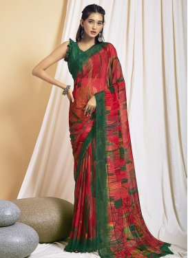Green and Red Faux Chiffon Trendy Classic Saree