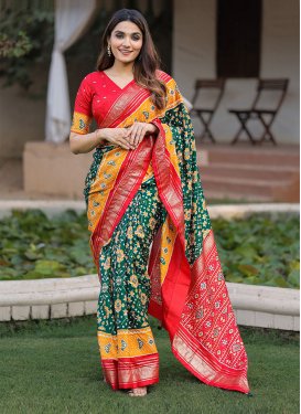 Green and Red Foil Print Work Dola Silk Trendy Classic Saree