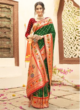 Green and Red Paithani Silk Designer Traditional Saree