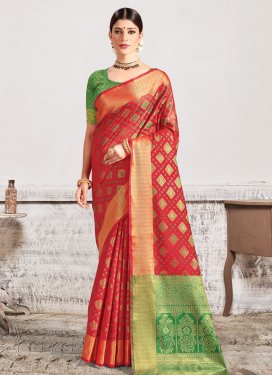 Green and Red Patola Silk Designer Contemporary Style Saree