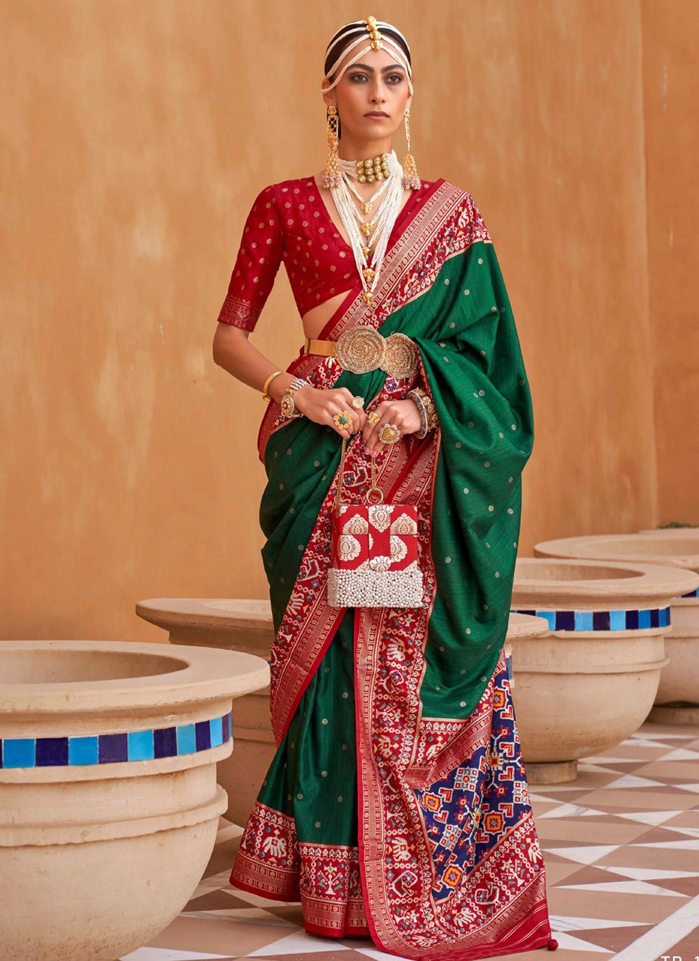 Green and Red Print Work Designer Contemporary Style Saree