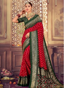 Green and Red Print Work Designer Contemporary Style Saree