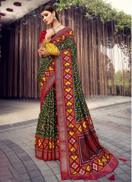 Green and Red Print Work Traditional Designer Saree