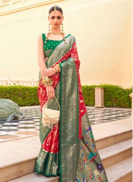 Green and Red Silk Blend Designer Contemporary Saree