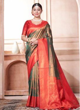 Green and Red Woven Work Designer Contemporary Style Saree