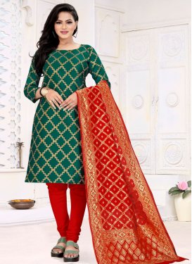 Green and Red Woven Work Trendy Churidar Salwar Kameez