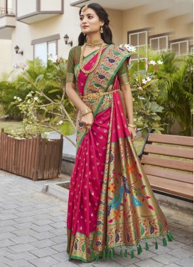 Green and Rose Pink Designer Contemporary Style Saree For Festival