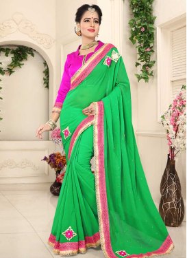 Green and Rose Pink Lace Work Trendy Classic Saree
