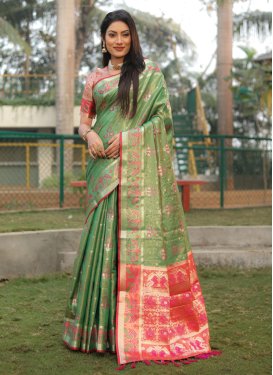 Green and Rose Pink Woven Work Trendy Classic Saree