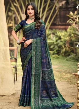Green and Teal Cotton Digital Print Work Traditional Saree for Women