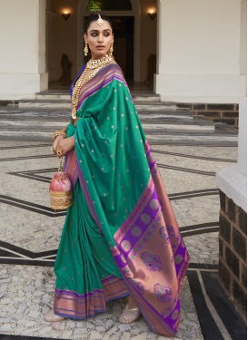 Green and Violet Woven Work Designer Contemporary Style Saree