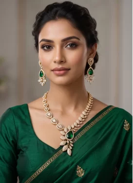 Green and White Alloy Gold Rodium Polish Necklace Set For Festival