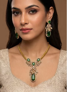 Green and White Stone Work Alloy Gold Rodium Polish Necklace Set