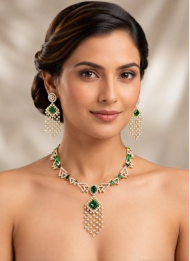 Green and White Stone Work Gold Rodium Polish Necklace Set