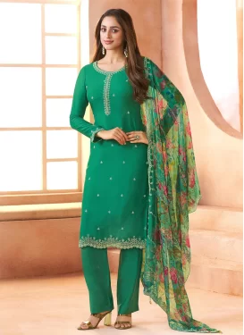 Green Chiffon Embroidered Work Straight Suit for Women
