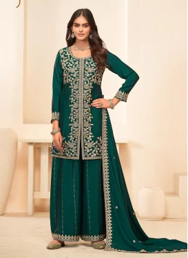 Green Chinon Embroidered Work Palazzo Suit for Women