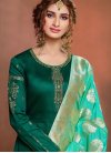Green Satin Georgette Stone Work Churidar Salwar Suit - 1