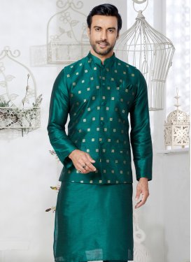 Green Dupion Silk Woven Work Nehru Jacket for Men