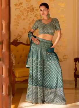 Green Georgette Palazzo Suit with Embroidered Work for Festival