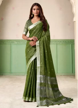 Green Linen Woven Work Traditional Saree for Women