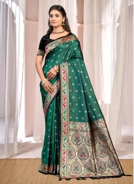 Green Silk Blend Traditional Saree with Woven Work for Festival