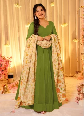 Green Silk Blend Trendy Gown with Digital Print Work for Festival