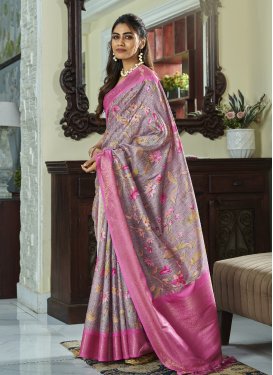 Grey and Hot Pink Handloom Silk Designer Contemporary Saree
