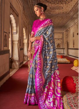 Grey and Hot Pink  Patola Silk Traditional Designer Saree