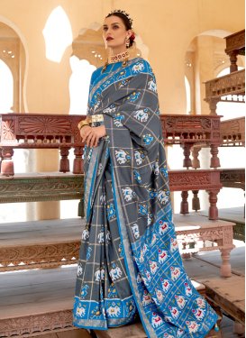 Grey and Light Blue Patola Silk Traditional Designer Saree