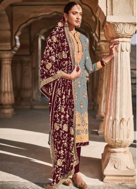 Grey and Maroon Embroidered Work Pant Style Pakistani Suit
