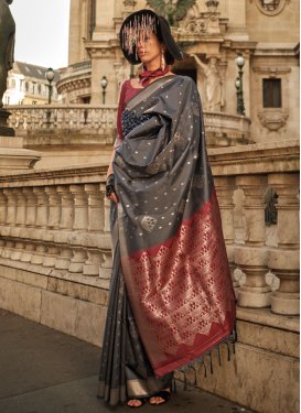 Grey and Maroon Woven Work Designer Contemporary Style Saree