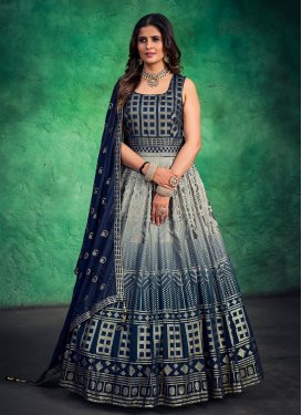 Grey and Navy Blue Faux Georgette Readymade Classic Gown For Festival
