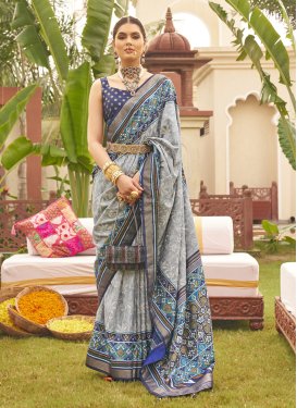 Grey and Navy Blue Patola Silk Designer Traditional Saree For Ceremonial