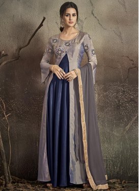 Grey and Navy Blue Tafeta Silk Embroidered Work Layered Designer Gown