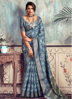 Grey and Navy Blue Tussar Silk Trendy Classic Saree For Ceremonial